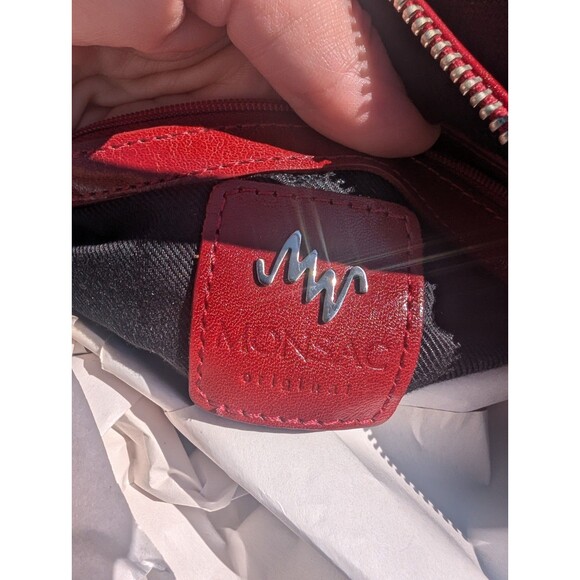 Monsac Designer Handbag Evening Red Leather Bamboo Strap Black Nylon Vintage - Picture 8 of 8